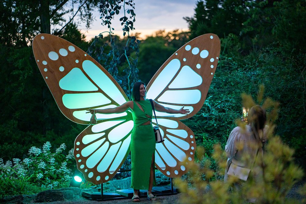Woman standing in front of giant lit up fairy wings in the Rock Garden at RBG.