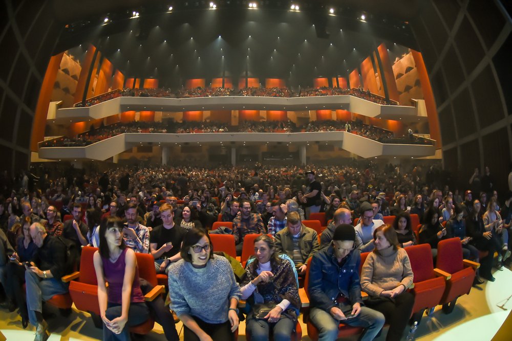 View from the stage of the audience taking their seats in FirstOntario Concert Hall.