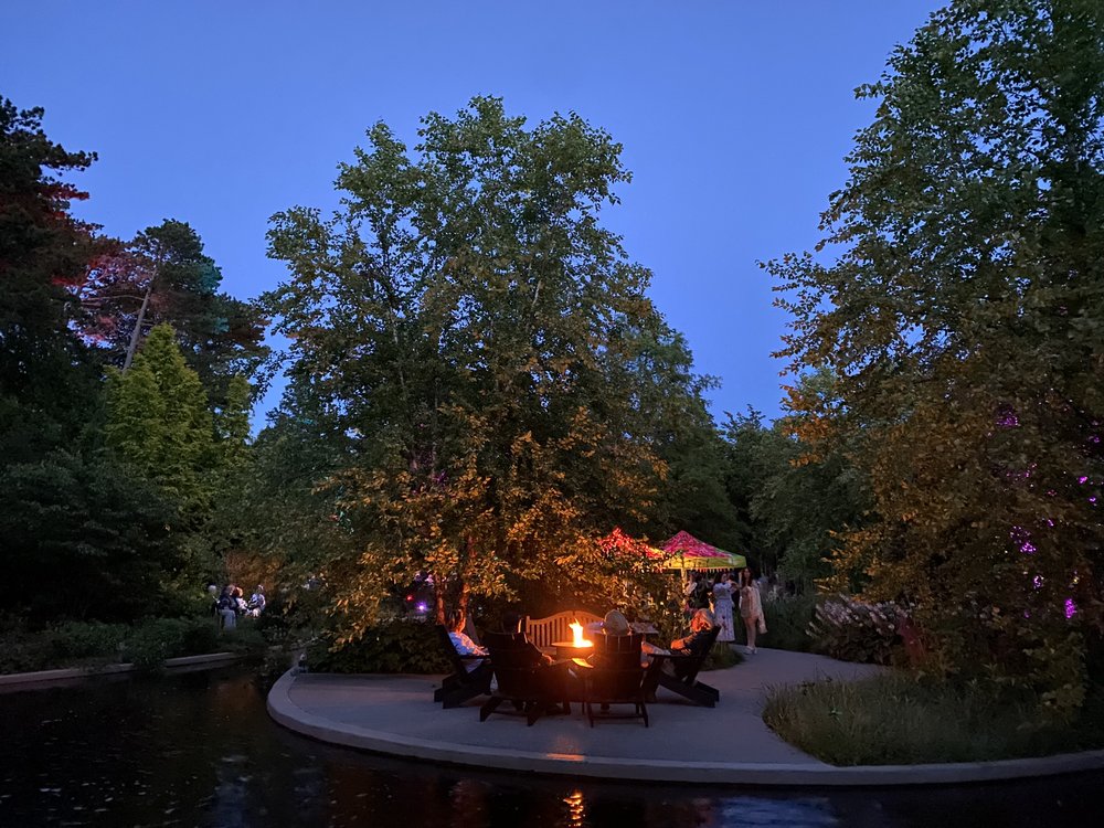 Royal Botanical Gardens glowing in colourful lights while guests sit around fire pit on a summer night.