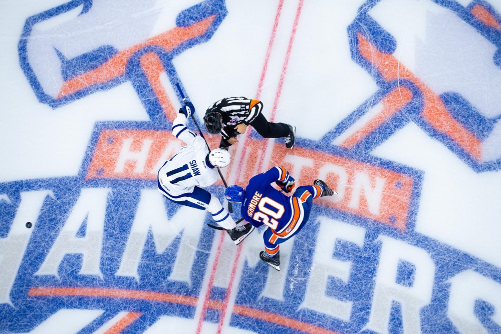 Two ice hockey players face off at center ice, with a referee overseeing the match. The rink features the logo of the Hamilton Hammers.