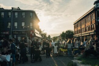 People exploring James Street during Art Crawl.