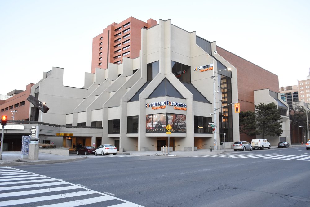 Exterior of FirstOntario Centre from street view.