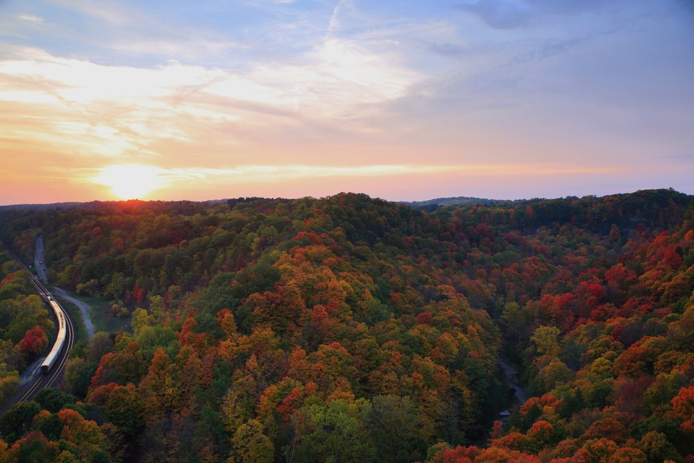 Views of vibrant fall colours from the top of Dundas Peak.