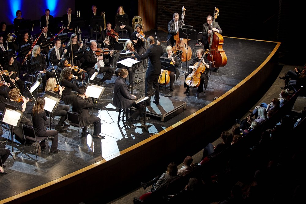 View from above of HPO performing on stage.