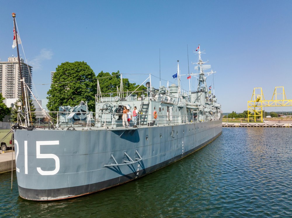 Up close view of HMCS Haida in the water at Pier 9.