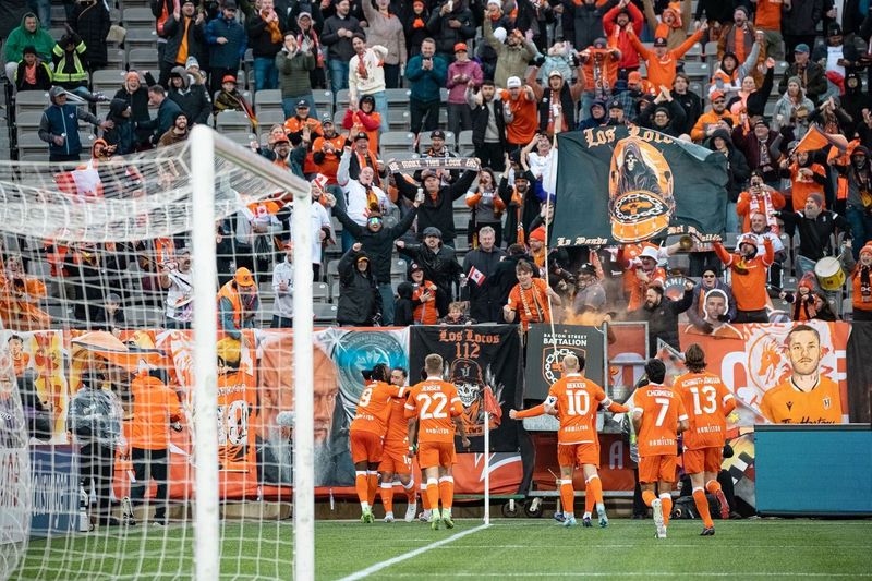 Forge FC players celebrating on field.