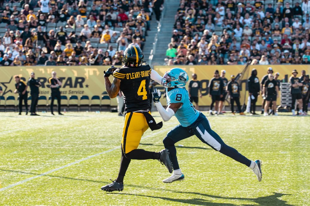 Ticat player catching a ball on field during a game.