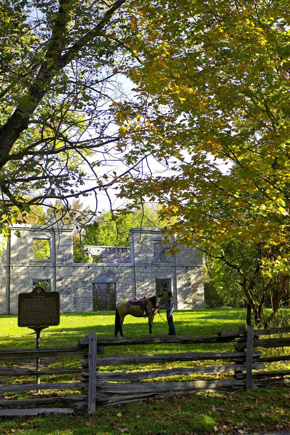 Hermitage Ruins trail - horse and rider - hiking in fall