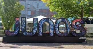 JUNOS installation in an urban park setting, marking the upcoming music awards in Hamilton.