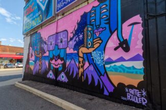 Colourful street mural by artist Pete Fowler on the exterior wall next to Dr. Disc in downtown Hamilton, Ontario. The artwork features bold cartoon-style figures with blue and purple faces, holding speakers against a pink and purple mountain-and-ocean backdrop. The playful, surreal design includes stars, waves, and expressive shapes, blending music and nature themes in a vibrant, contemporary style.