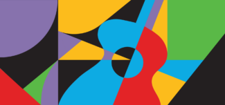 Colourful abstract graphic with bold geometric shapes in purple, yellow, green, red, blue and black, forming a stylised guitar silhouette at the centre.