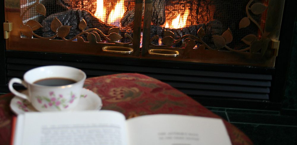 cozy book by fireplace