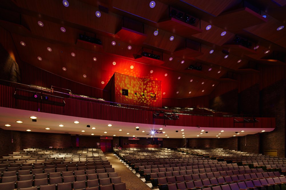 On stage at the McIntyre Performing Arts Centre looking out at seats before a show.