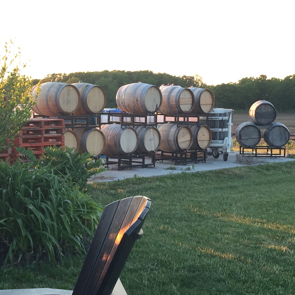 Barrels of wine on the outdoor patio of Ridge Road Estate Winery.