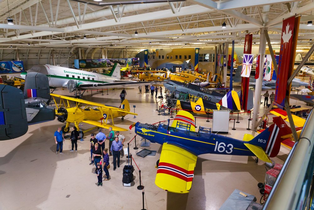 View from above of vintage aircrafts inside Canadian Warplane Heritage Museum