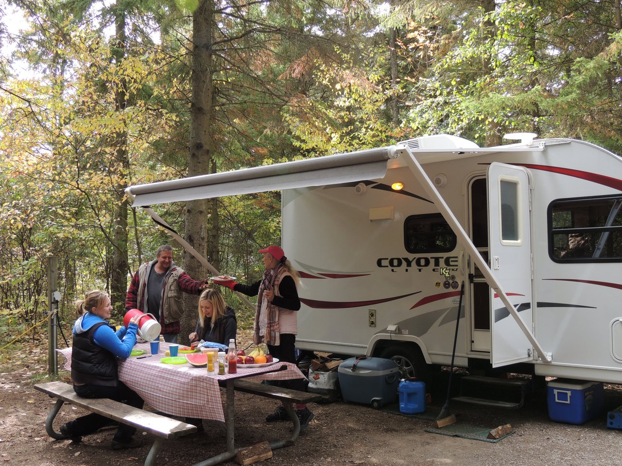 Motorhome campers at picnic table in woods