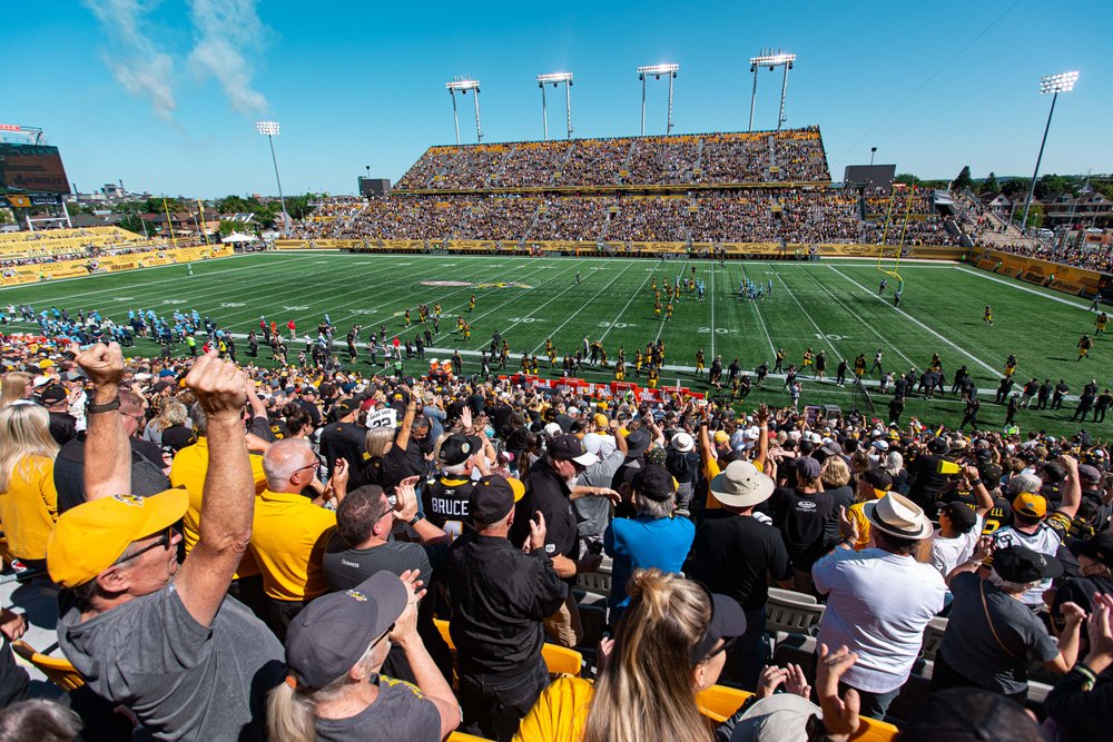 View of Hamilton Stadium during Ticats game with fans cheering.